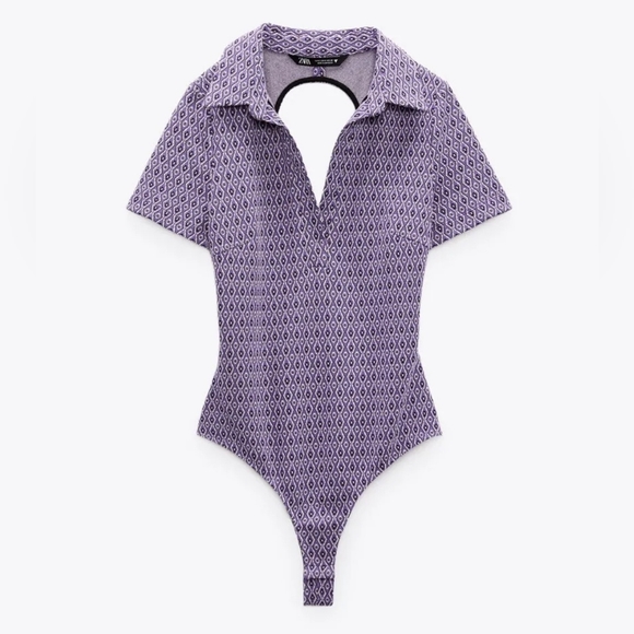 🌞NWOT Zara Geometric Open-Back Collared V-Neck Short Sleeve Bodysuit Lilac M - Picture 4 of 10